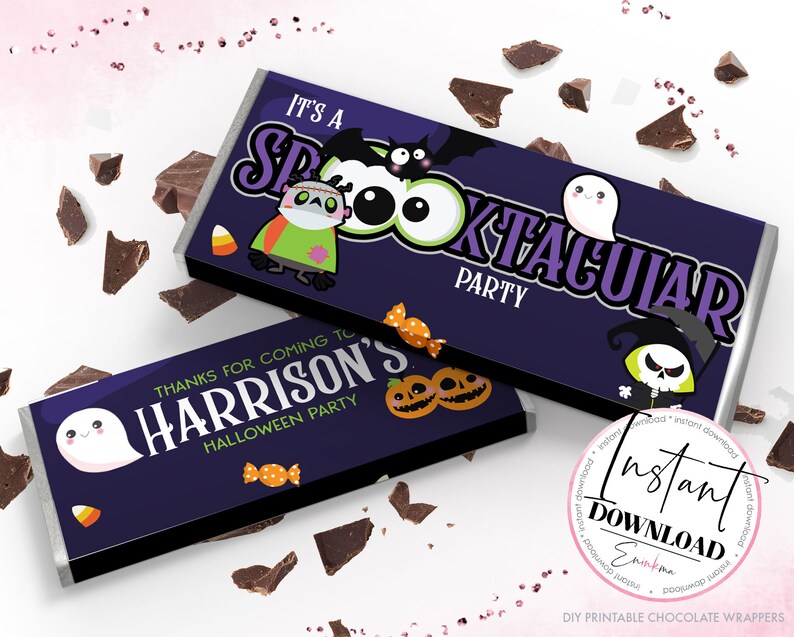 May include: Printable Halloween chocolate bar wrappers with a purple, black, and white design. The wrappers feature a ghost, a bat, and a pumpkin. The text on the wrappers reads "It's a Spooktacular Party" and "Thanks for coming to Harrison's Halloween Party".