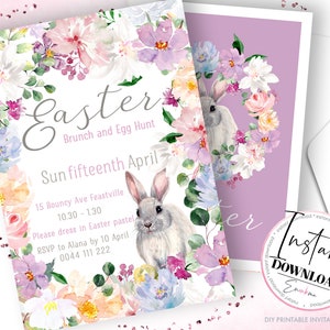 May include: A printable Easter invitation with a watercolor floral wreath and a bunny rabbit. The invitation text reads "Easter Brunch and Egg Hunt Sun fifteenth April 15 Bouncy Ave Feastville 10.30 - 1.30 Please dress in Easter pastel RSVP to Alana by 10 April 0044 111 222"