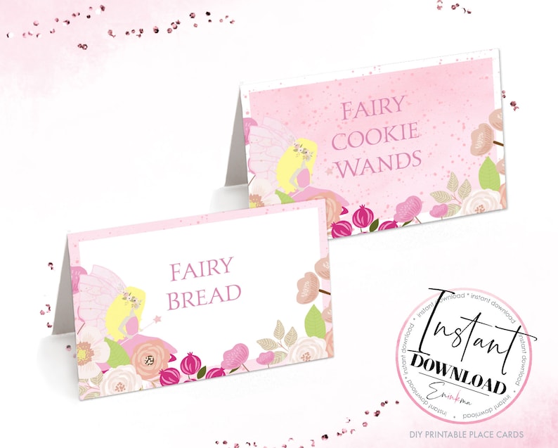 May include: Two pink printable place cards with a fairy illustration and floral border. The text on the cards reads "Fairy Bread" and "Fairy Cookie Wands".