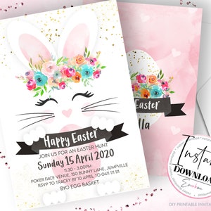 May include: Easter-themed invitation with a bunny face wearing a floral crown. The invitation includes the text "Happy Easter" and event details. The design features a watercolor style with pink, gold, and floral accents. The invitation is for an Easter hunt.