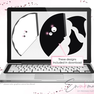 May include: A laptop screen displaying two printable party hat designs. One hat is white with a cute face and the other is black with a cute face. The text "These designs included in download" is displayed on the screen.
