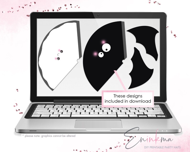 May include: A laptop screen displaying two printable party hat designs. One hat is white with a cute face and the other is black with a cute face. The text "These designs included in download" is displayed on the screen.
