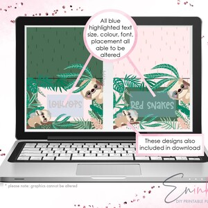 May include: A laptop screen displaying a digital design for printable place cards featuring sloths and jungle foliage. The text "Lollipops" and "Red Snakes" are on the place cards. The text "All blue highlighted text size, colour, font, placement all able to be altered" is on the screen. The text "These designs also included in download" is below the screen. The text "please note: graphics cannot be altered" is at the bottom of the image. The text "Eninkma DIY PRINTABLE PLACE CARDS" is at the bottom of the image.