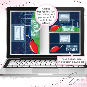 May include: A digital design for a loot bag featuring a football theme. The design is blue and green with a football and the text "Loot Bag for Thomas". The text is customizable in color, font, size, and placement.