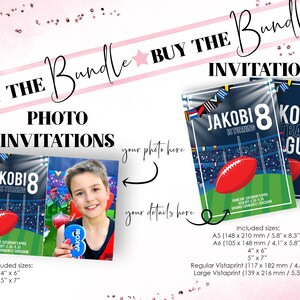 May include: Two printable photo invitations for a football themed birthday party. The invitations feature a blue and white football field with a red football and the text "Jakobi 8 is turning". The invitations are available in several sizes, including 4x6 inches and 5x7 inches.