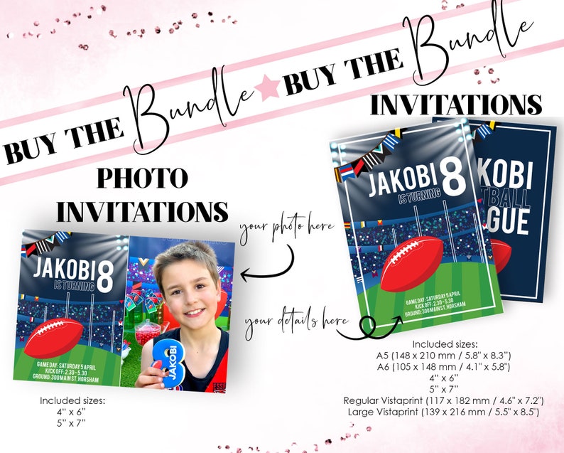 May include: Two printable photo invitations for a football themed birthday party. The invitations feature a blue and white football field with a red football and the text "Jakobi 8 is turning". The invitations are available in several sizes, including 4x6 inches and 5x7 inches.