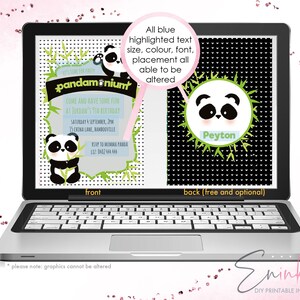 May include: Printable invitation for a panda-themed birthday party. The front of the invitation features a black and white panda holding bamboo. The back of the invitation features a panda with the name "Peyton" written below it. The text on the invitation is customizable.