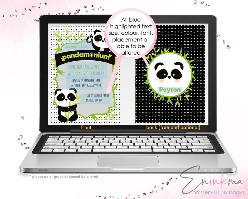 May include: Printable invitation for a panda-themed birthday party. The front of the invitation features a black and white panda holding bamboo. The back of the invitation features a panda with the name "Peyton" written below it. The text on the invitation is customizable.