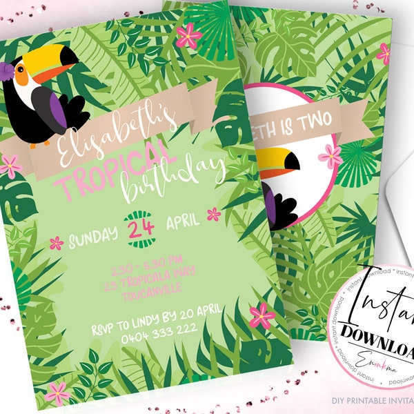 Invitación de tucán, invitaciones tropicales, invitaciones de tucán de descarga instantánea, invitación a fiesta de tucán