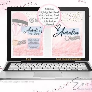 K&ouml;nnte beinhalten: Ein Laptop zeigt eine rosa und blaue Geburtstagseinladung. Die Vorderseite zeigt einen Hei&szlig;luftballon und den Text "Aurelia's 10th Birthday". Die R&uuml;ckseite zeigt den Namen "Aurelia". Das Design hat ein Pariser Thema.