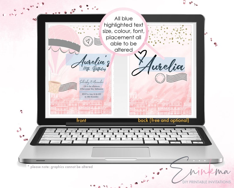 K&ouml;nnte beinhalten: Ein Laptop zeigt eine rosa und blaue Geburtstagseinladung. Die Vorderseite zeigt einen Hei&szlig;luftballon und den Text "Aurelia's 10th Birthday". Die R&uuml;ckseite zeigt den Namen "Aurelia". Das Design hat ein Pariser Thema.