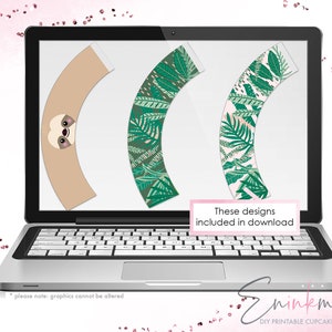 Pode incluir: Uma tela de laptop exibindo tr&ecirc;s designs de wrappers de cupcake. Os designs apresentam um bicho-pregui&ccedil;a, folhas verdes e um padr&atilde;o tropical rosa e verde. O texto "Esses designs inclu&iacute;dos no download" &eacute; exibido na tela.