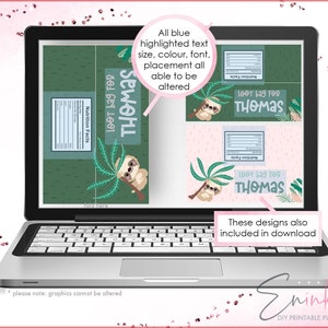 May include: Printable favour bag labels featuring a sloth design with green palm trees. The labels are customizable with the text "Loot bag for Thomas".