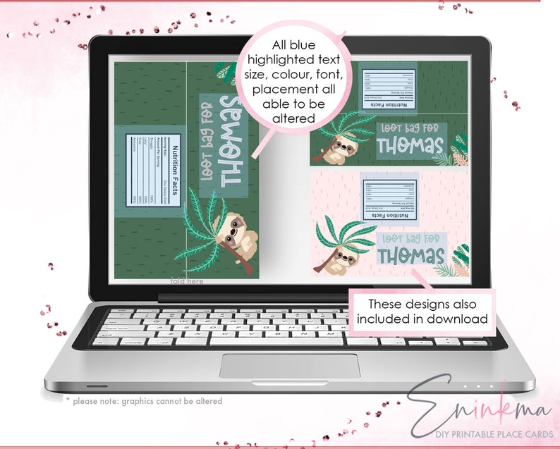 May include: Printable favour bag labels featuring a sloth design with green palm trees. The labels are customizable with the text "Loot bag for Thomas".