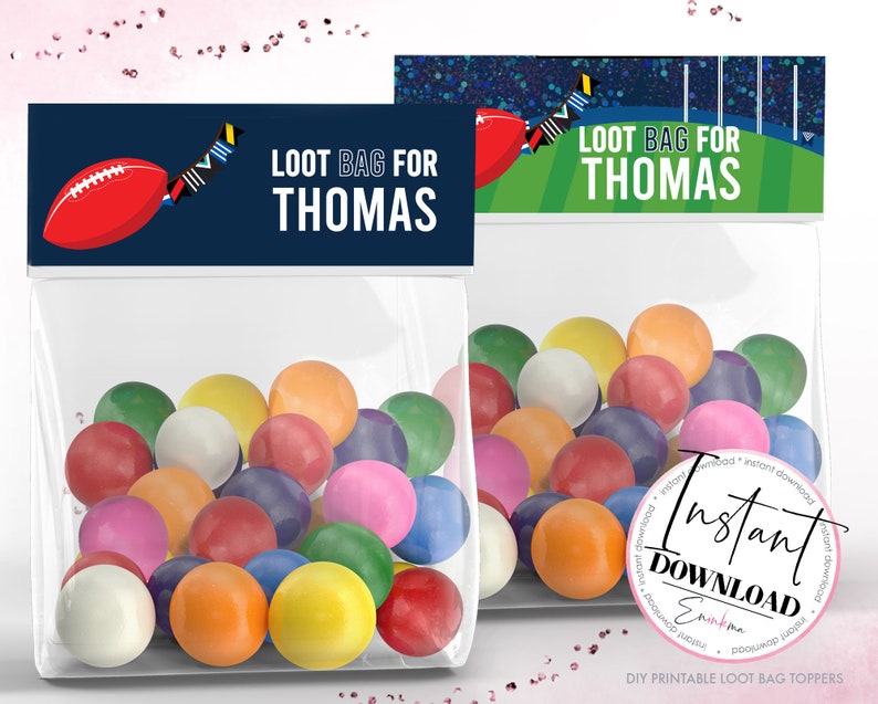 May include: Printable loot bag toppers with a football theme. The toppers feature a blue and green background with a football, a flag, and the text "Loot Bag for Thomas".