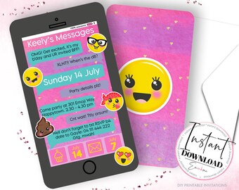 Invitación Emoji, Invitaciones imprimibles de teléfono Emoji, Invitaciones a fiesta de cumpleaños Emoji