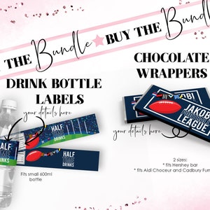 May include: Printable digital download for football party decorations. Includes labels for 600 ml water bottles and wrappers for chocolate bars. The labels feature a blue and green design with the text "Half Time Drinks". The wrappers feature a blue and white design with the text "Jakobi Football League".