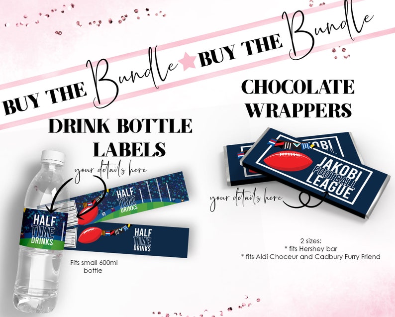 May include: Printable digital download for football party decorations. Includes labels for 600 ml water bottles and wrappers for chocolate bars. The labels feature a blue and green design with the text "Half Time Drinks". The wrappers feature a blue and white design with the text "Jakobi Football League".