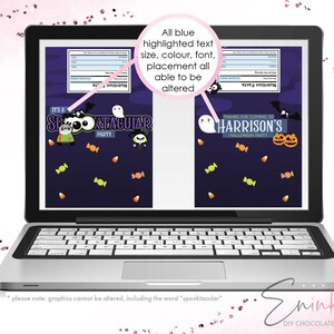 May include: A digital design for a Halloween party favor chocolate wrapper featuring a ghost, bat, and pumpkins. The text reads "It's a Spooktacular Party" and "Thanks for coming to Harrison's Halloween Party".