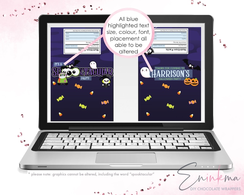 May include: A digital design for a Halloween party favor chocolate wrapper featuring a ghost, bat, and pumpkins. The text reads "It's a Spooktacular Party" and "Thanks for coming to Harrison's Halloween Party".