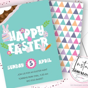 May include: An Easter-themed invitation with a teal background, featuring the words "Happy Easter" in large white letters. The design includes cartoon bunnies, Easter eggs, and a carrot. The date "Sunday 5 April" is prominently displayed, along with event details.