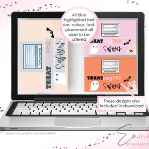 Op de afbeelding: Printbare Halloween-snoepzaklabels met een schattig spookontwerp met de tekst "Treat bag for Safiyah". De labels zijn in roze, oranje en wit met zwarte accenten. De tekst is aanpasbaar.