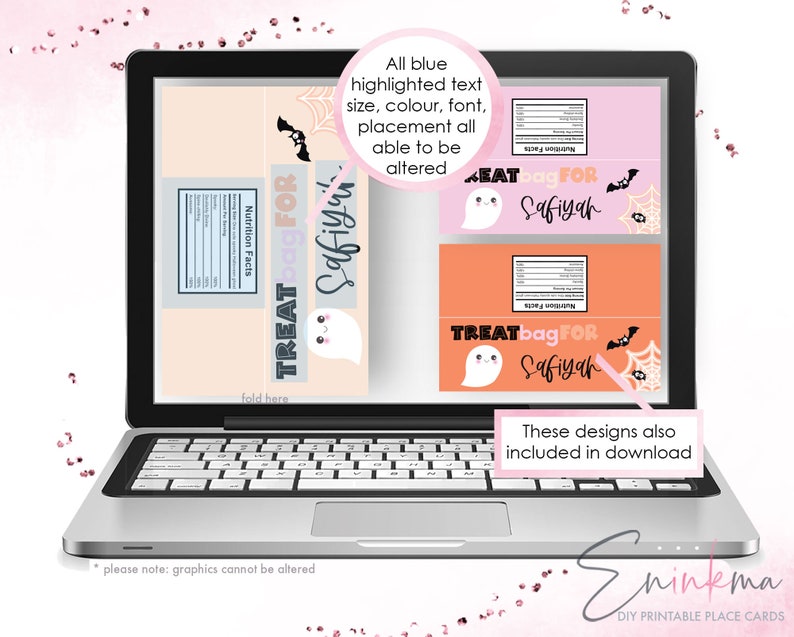 Op de afbeelding: Printbare Halloween-snoepzaklabels met een schattig spookontwerp met de tekst "Treat bag for Safiyah". De labels zijn in roze, oranje en wit met zwarte accenten. De tekst is aanpasbaar.