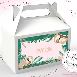 May include: White gable box with a handle, featuring a jungle-themed design. The design includes a pink background with the name "EVELYN" and illustrations of sloths and tropical leaves. The box also has the text "Instant Download".