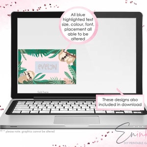 May include: A laptop displays a printable gable label design featuring a pink background, green foliage, and cartoon sloths. The name "EVELYN" is displayed in a light gray font. Text on the screen indicates the design is customizable.