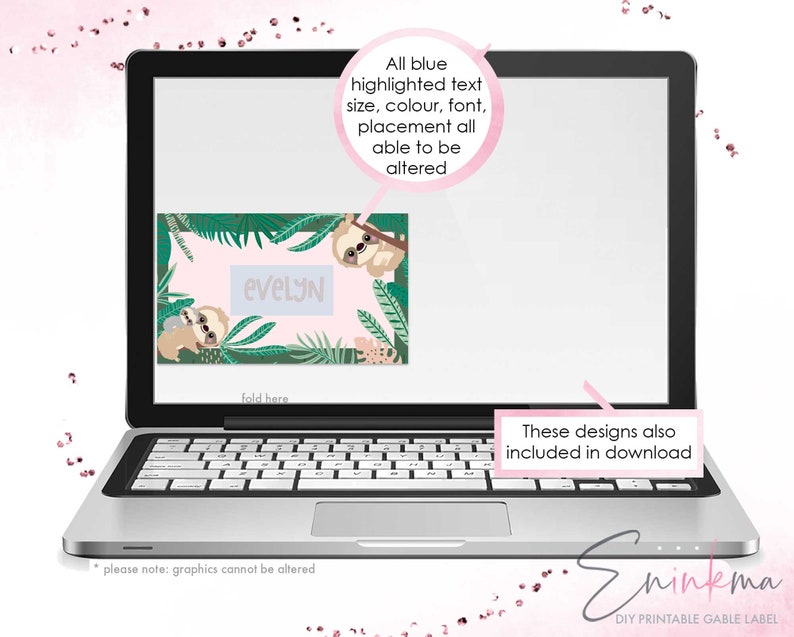 May include: A laptop displays a printable gable label design featuring a pink background, green foliage, and cartoon sloths. The name "EVELYN" is displayed in a light gray font. Text on the screen indicates the design is customizable.