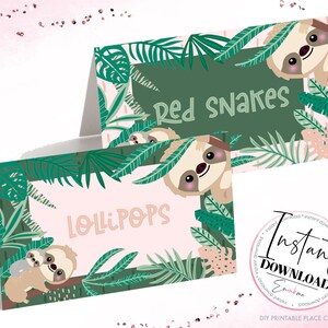 May include: Printable place cards featuring a sloth design with green leaves and pink accents. The text on the cards reads "Lollipops" and "Red Snakes".