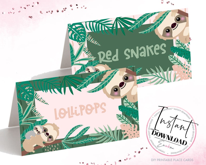 May include: Printable place cards featuring a sloth design with green leaves and pink accents. The text on the cards reads "Lollipops" and "Red Snakes".