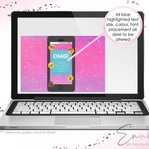 May include: A laptop displays a digital invitation with a pink and purple watercolor background and gold heart accents. The invitation, designed as a smartphone screen, reads "OMG! Thanks for coming to Keely's party" with emoji graphics. The text size, color, font, and placement are all alterable.