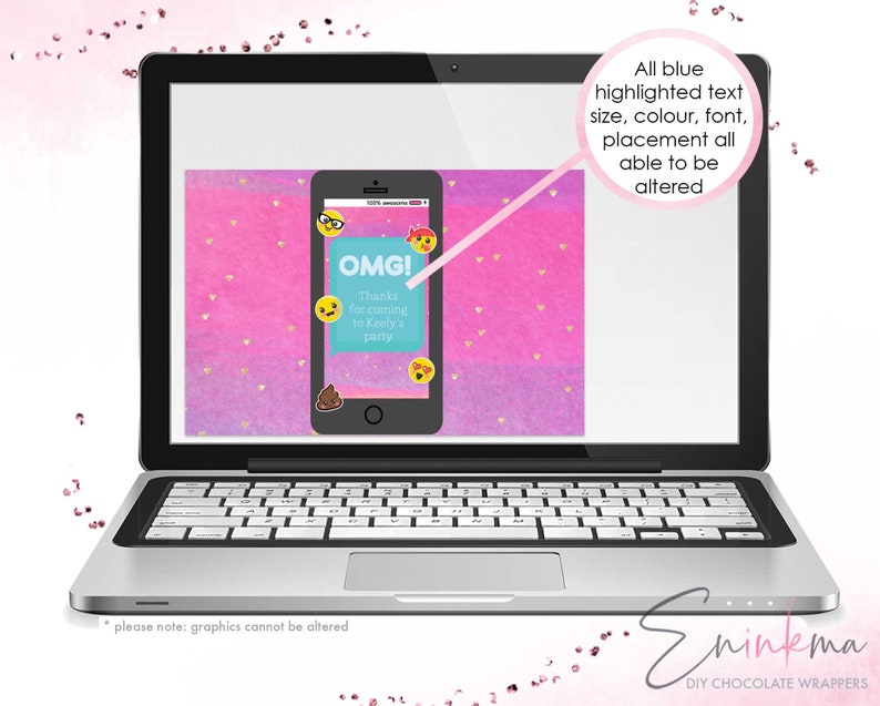 May include: A laptop displays a digital invitation with a pink and purple watercolor background and gold heart accents. The invitation, designed as a smartphone screen, reads "OMG! Thanks for coming to Keely's party" with emoji graphics. The text size, color, font, and placement are all alterable.