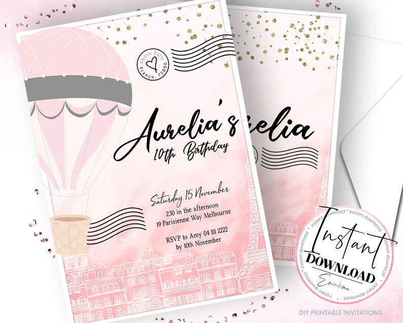 K&ouml;nnte beinhalten: Rosa und wei&szlig;e Geburtstagseinladung mit Hei&szlig;luftballon, Eiffelturm und Pariser Geb&auml;uden. Die Einladung enth&auml;lt den Namen "Aurelia", das Alter "10th Birthday" und Veranstaltungsdetails. Goldglitzer akzentuiert die Oberseite.