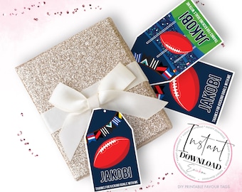 May include: Three printable favor tags with a football theme. The tags are blue, green, and red with a white football and the text "JAKOBI" and "THANKS FOR KICKING GOALS WITH ME".
