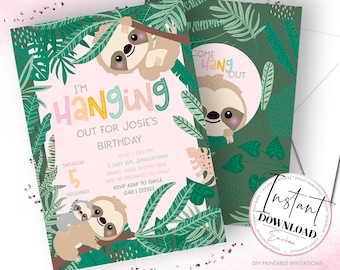Sloth Invitations, Sloth party theme, Sloth printable invitation
