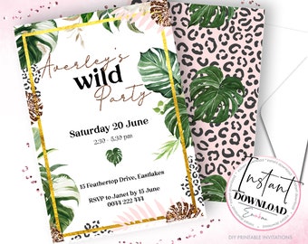 May include: A printable invitation for a wild party with a jungle theme. The invitation features a gold frame, green leaves, and a leopard print pattern. The text on the invitation reads "Averley's Wild Party" and includes the date, time, and location of the party.