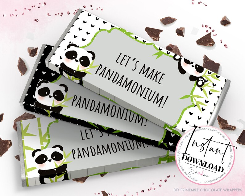 May include: Three chocolate bar wrappers with panda bear illustrations and the text "LET'S MAKE PANDAMONIUM!". The wrappers feature a black and white panda design with bamboo and heart accents. The wrappers are labeled "Instant Download".