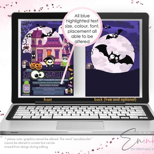 K&ouml;nnte beinhalten: Ein Laptop-Bildschirm zeigt ein Design f&uuml;r eine Halloween-Party-Einladung. Die Vorderseite zeigt eine Illustration eines Spukhauses mit Flederm&auml;usen und K&uuml;rbissen. Die R&uuml;ckseite zeigt eine Fledermaussilhouette vor einem Vollmond. Text enth&auml;lt "Spooktacular".
