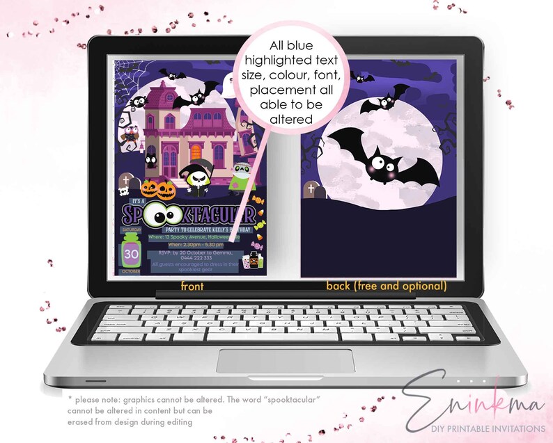 K&ouml;nnte beinhalten: Ein Laptop-Bildschirm zeigt ein Design f&uuml;r eine Halloween-Party-Einladung. Die Vorderseite zeigt eine Illustration eines Spukhauses mit Flederm&auml;usen und K&uuml;rbissen. Die R&uuml;ckseite zeigt eine Fledermaussilhouette vor einem Vollmond. Text enth&auml;lt "Spooktacular".
