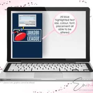 May include: A blue and white printable chocolate wrapper design featuring a football and the text "JAKOBI FOOTBALL LEAGUE". All blue text is customizable.