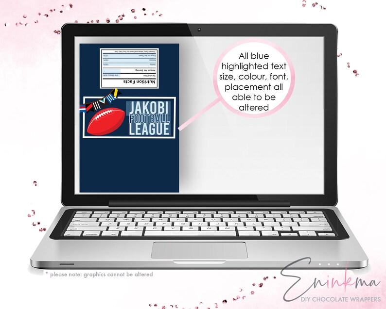 May include: A blue and white printable chocolate wrapper design featuring a football and the text "JAKOBI FOOTBALL LEAGUE". All blue text is customizable.