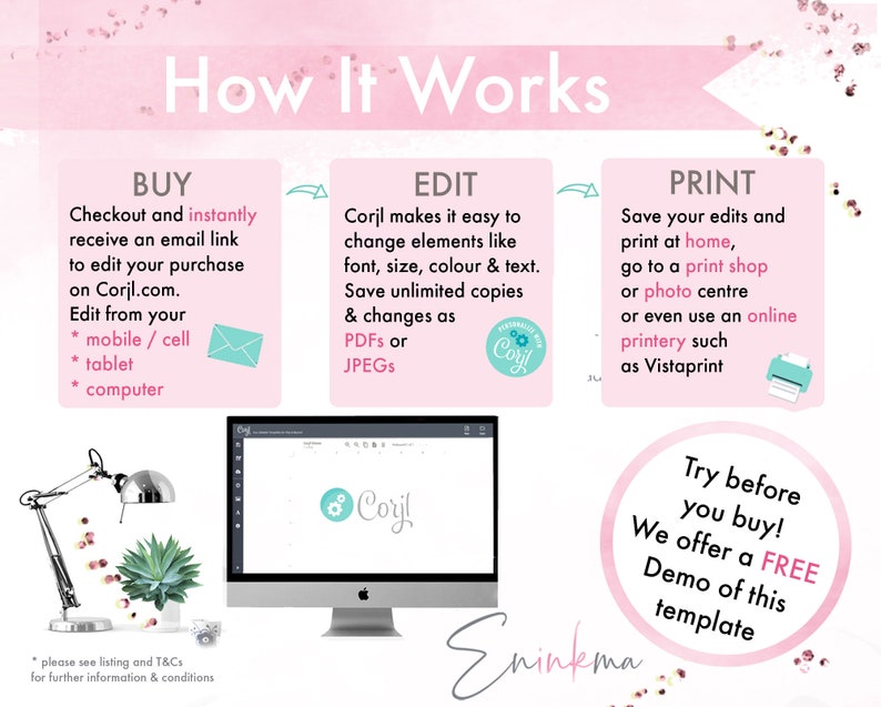 May include: Pink graphic with the text "How It Works" and instructions for buying, editing, and printing a template. The image includes a computer screen displaying a Corjl interface, a desk lamp, and a succulent plant.
