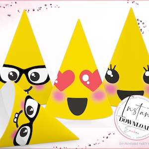 May include: Four printable party hats with different emoji faces. The hats are yellow with black outlines and feature various expressions, including sunglasses, hearts, and a smile. The text "Instant Download" is visible in the bottom right corner.