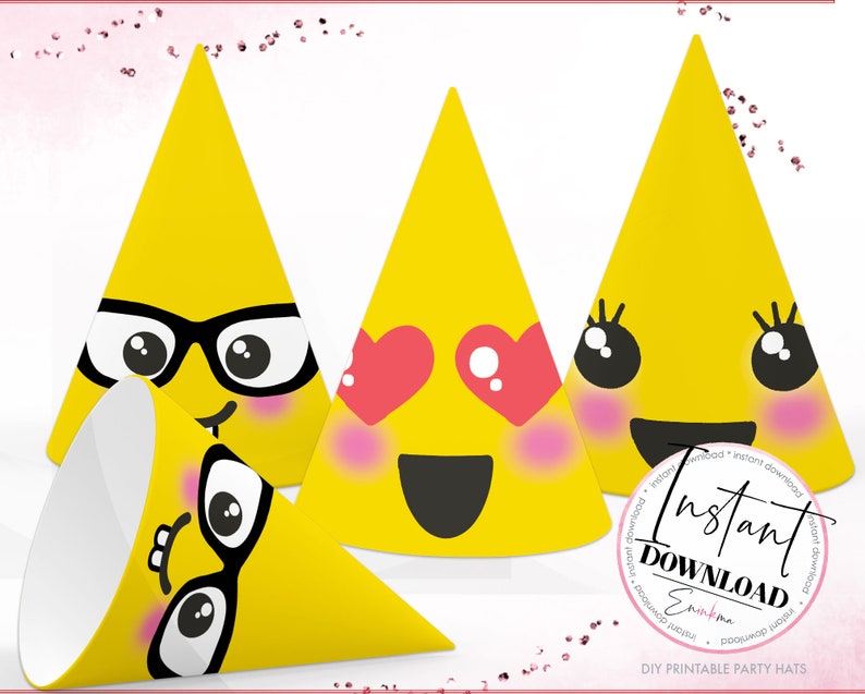 May include: Four printable party hats with different emoji faces. The hats are yellow with black outlines and feature various expressions, including sunglasses, hearts, and a smile. The text "Instant Download" is visible in the bottom right corner.