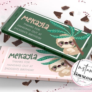 May include: Two printable chocolate bar wrappers with a sloth design. The wrappers are pink and green with the text "Mekayla Thanks for hanging out at Imogen's birthday".
