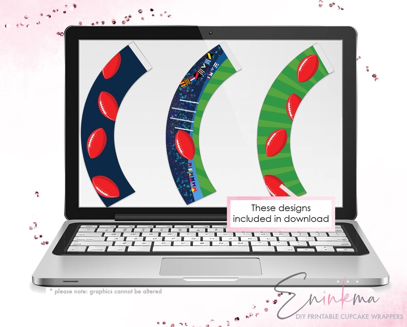 May include: A laptop screen displays three football-themed cupcake wrapper designs. One is navy blue with red footballs, another has a field design, and the third is green with red footballs. Text on the screen reads "These designs included in download."