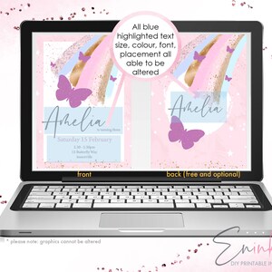 May include: Printable invitation for a birthday party with a pink and blue rainbow, gold glitter, and butterflies. The text says "Amelia is turning three" and includes the date, time, and location of the party. The back of the invitation is a pink background with a butterfly and stars.