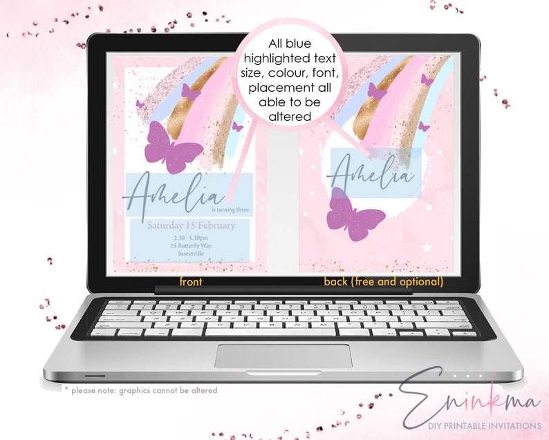 May include: Printable invitation for a birthday party with a pink and blue rainbow, gold glitter, and butterflies. The text says "Amelia is turning three" and includes the date, time, and location of the party. The back of the invitation is a pink background with a butterfly and stars.